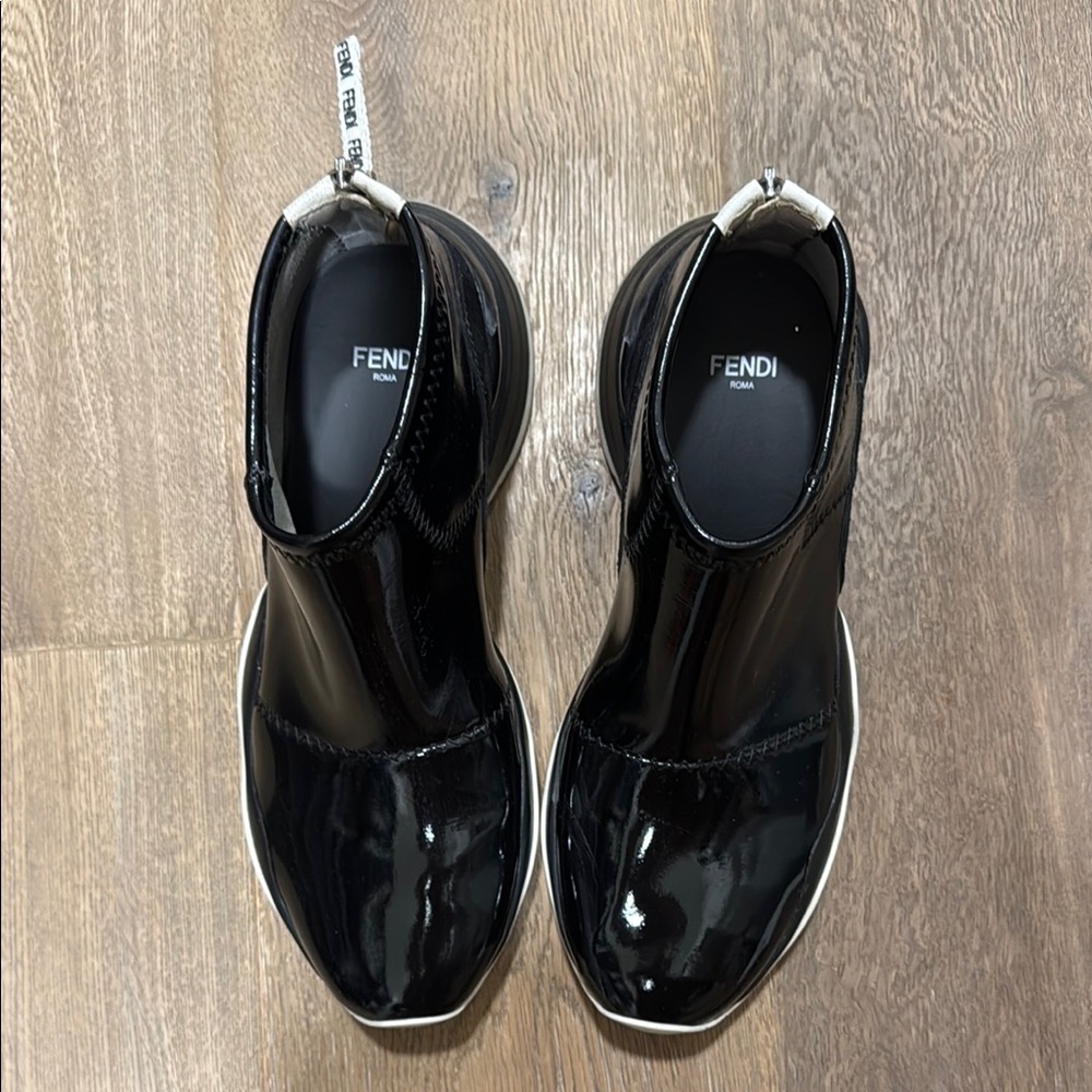 Fendi Glossy Black Sneakers with White Trim